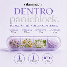 Carica l'immagine nel visualizzatore di Gallery, Integratore per Panico 100% Naturale | Panicblock Azione Rapida | Potenziato con Valeriana Camomilla Biancospino Vitamin