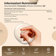 Carica l'immagine nel visualizzatore di Gallery, Lions Mane 365 Compresse Vegane, 1 al Giorno (1 Anno), Hericium Erinaceus