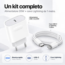 Carica l'immagine nel visualizzatore di Gallery, Caricatore iPhone 20W USB-C con cavo Lightning 1m, caricabatterie rapido PD, alimentatore compatibile con iPhone 14 13 1