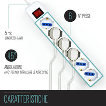 Carica l'immagine nel visualizzatore di Gallery, Multipresa a 6 Posti, Ciabatta Elettrica con 6 Prese Italiane 10A e Schuko (Tedesche) - Spina Italiana 10A - Potenza 250
