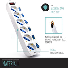 Carica l'immagine nel visualizzatore di Gallery, Multipresa a 6 Posti, Ciabatta Elettrica con 6 Prese Italiane e Schuko/Tedesche - Spina Italiana 16A - Potenza 250V/2500