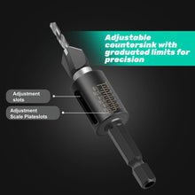 Carica l'immagine nel visualizzatore di Gallery, Set di 6 punte per trapano a svasatura con attacco di profondità regolabile e chiave a forma di L, perfette per progetti
