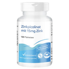 Carica l'immagine nel visualizzatore di Gallery, Vitamintrend Zinco ad alto dosaggio 15 mg da picolinato di zinco, 180 compresse, facili da deglutire, integratore alimen