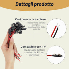 Carica l'immagine nel visualizzatore di Gallery, 20 pezzi Clip batteria 9V tipo I, cavi 150 mm rosso-nero, per elettronica fai-da-te, progetti scolastici, riparazioni e 