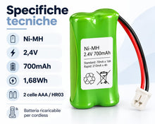 Carica l'immagine nel visualizzatore di Gallery, Batteria Cordless Gigaset Siemens NiMH 2,4V 700mAh con Connettore