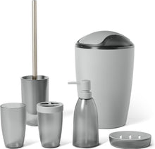 Carica l'immagine nel visualizzatore di Gallery, Amazon Basics, Set di Accessori da Bagno con Portaspazzolino, Dispenser di Sapone, Portasapone, Bicchiere per Spazzolino, Pattumiera, Scopino e Supporto, Grigio