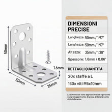 Carica l'immagine nel visualizzatore di Gallery, 20 Staffe Angolari 90°, Staffe a L Heavy Duty, 50×50×35 mm, con Viti