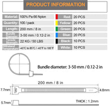 Carica l'immagine nel visualizzatore di Gallery, 100 Pezzi Fascette Plastica Riutilizzabili 200 x 4.8 mm, Fascette Colorate, Fascette Elettricista Autobloccanti Resisten