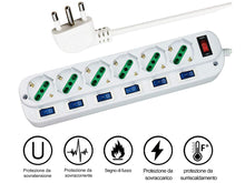 Carica l'immagine nel visualizzatore di Gallery, Extrastar Multipresa ciabatta elettrica 6 Posti 10/16A Bipasso Schuko 250V Max:2500W con interruttori indipendenti 1,5MT