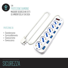 Carica l'immagine nel visualizzatore di Gallery, Multipresa a 6 Posti, Ciabatta Elettrica con 6 Prese Italiane e Schuko/Tedesche - Spina Italiana 16A - Potenza 250V/2500