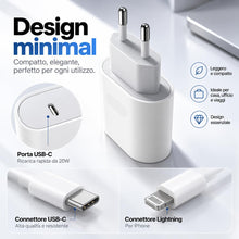 Carica l'immagine nel visualizzatore di Gallery, Caricatore iPhone 20W USB-C con cavo Lightning 1m, caricabatterie rapido PD, alimentatore compatibile con iPhone 14 13 1