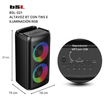 Carica l'immagine nel visualizzatore di Gallery, Altoparlante Bluetooth BSL-S21 con illuminazione sugli altoparlanti | 2 altoparlanti da 4 pollici | 20 W | Microfono in 
