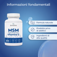 Carica l'immagine nel visualizzatore di Gallery, Bandini® MSM 2000 mg di Metilsulfonilmetano in COMPRESSE + Vitamina C, Integratore per Capelli, Pelle, Articolazioni, Un