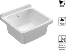 Carica l'immagine nel visualizzatore di Gallery, Adventa: Vasca in resina di PP, fissaggio a Parete, Compatto, Con Sifone e Piletta, Resistente agli acidi di uso comune, Lavanderia, Garage, Esterno, 40L x 40P x 19H cm, Bianco