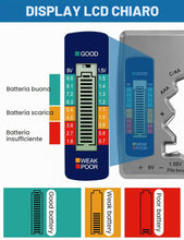 Carica l'immagine nel visualizzatore di Gallery, Testatore universale per batterie con display LCD per AA, AAA, N, C, D, 9V, pile a bottone 1,55V e mini pile