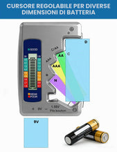 Carica l'immagine nel visualizzatore di Gallery, Testatore universale per batterie con display LCD per AA, AAA, N, C, D, 9V, pile a bottone 1,55V e mini pile