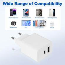 Carica l'immagine nel visualizzatore di Gallery, 3 Pezzi Caricatore USB C, 20W Alimentatore USB C, Type C PD+QC Double Mural Presa Usbc per iPhone 18 17 16 15 14 13 12 1