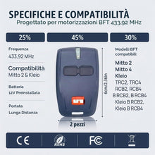 Carica l'immagine nel visualizzatore di Gallery, 2 x 433 MHz Telecomando per apertura cancello BFT, sostituzione telecomando BFT Mitto 2, chiave con attacco per cancello