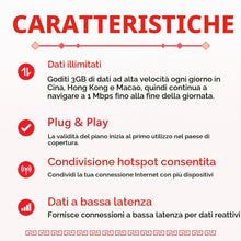 Carica l'immagine nel visualizzatore di Gallery, SIM Cina 15 Giorni Dati Illimitati | Copertura Hong Kong e Macao | Dati ad Alta Velocità 5G/4G | Hotspot Supportato |Pia