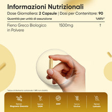 Carica l'immagine nel visualizzatore di Gallery, Fieno Greco Bio, Certificato e Vegano, 2 Capsule al Giorno, per 3 Mesi, Semi di Fieno Greco Polvere Biologica in Capsule