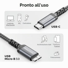 Carica l'immagine nel visualizzatore di Gallery, deleyCON 0,5m Cavo USB 3.0 Micro-B Corto 5 Gbps - USB-C a Micro-B - Cavo Dati in Nylon per Box/HDD/SSD Esterni - per Tos