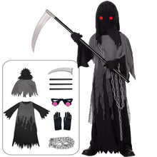 Carica l'immagine nel visualizzatore di Gallery, Tosekry Costume Halloween Bambino Vestito Halloween Bambino, Costumi Halloween Bambini Halloween Costume Bambino con Falce, Occhiali Luminosi e Catene (8-10 anni)