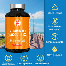 Carica l'immagine nel visualizzatore di Gallery, Vitamina D3 K2 4000 UI – 365 Capsule Molli - Vitamina D ad Alto Dosaggio
