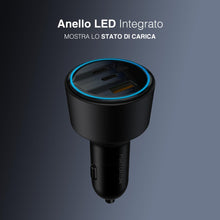 Carica l'immagine nel visualizzatore di Gallery, PORTENTUM Caricatore Auto Triplo e Simultaneo 200W – Include Cavo da 100W USB-C – Carica Batteria per Auto Cellulare – 2