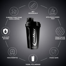 Carica l'immagine nel visualizzatore di Gallery, IronMaxx Eiweiß Shaker - 700 ml - Schwarz | Shaker Proteico con Tappo a Vite | Antigoccia | BPA/DEHP Free | Lavabile | S