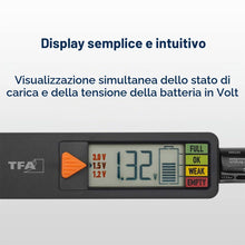 Carica l'immagine nel visualizzatore di Gallery, TFA Dostmann BatteryCheck Tester per batterie (AAA, AA, C, D), 98.1126.01, pila a bottone, batteria di blocco, indicator
