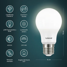 Carica l'immagine nel visualizzatore di Gallery, Linkind Lampadina smerigliata ultra efficiente E27, 3,8 W = 60 W, Bianco neutro 4000 K, Non dimmerabile, Edison A60, 806