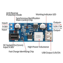 Carica l'immagine nel visualizzatore di Gallery, RUNCCI-YUN DC 6V 9V 12V 24V to DC 5V 5A Convertitore Buck USB Module 9V-36V Step Down to DC 5V Transformer Dual Output V