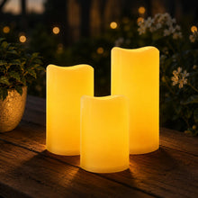 Carica l'immagine nel visualizzatore di Gallery, Festive Lights Set di 3 candele solari a LED per uso esterno, candele tremolanti per uso esterno, impermeabili, ricarica