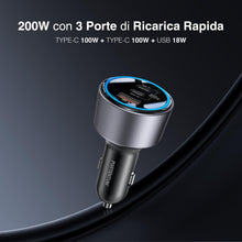 Carica l'immagine nel visualizzatore di Gallery, PORTENTUM Caricatore Auto Triplo e Simultaneo 200W – Include Cavo da 100W USB-C – Carica Batteria per Auto Cellulare – 2
