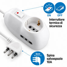 Carica l'immagine nel visualizzatore di Gallery, Electraline 62033 Multipresa 3 posti 1 schuko + 2 bivalenti 10/16A-cavo 3 m, Spina Piccola 10A, Bianco, 3m
