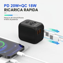 Carica l'immagine nel visualizzatore di Gallery, MAOMAOCON Adattatore da viaggio universale da viaggio con PD20 W, 2 USB, 1 presa USB C e 1 AC, adattatore universale per