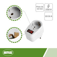 Carica l'immagine nel visualizzatore di Gallery, Amig - Adattatore Schuko a 1 Via Mod.3213 con Interruttore - Presa con Messa a Terra per Collegare Apparecchi Elettrici 