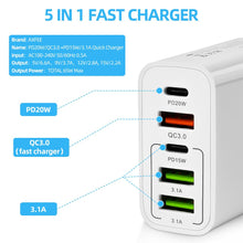 Carica l'immagine nel visualizzatore di Gallery, AXFEE 65W Caricatore Rapido USB, 5Porto USB Caricatore Multipla PD&amp;QC3.0