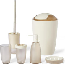 Carica l'immagine nel visualizzatore di Gallery, Amazon Basics, Set di Accessori da Bagno con Portaspazzolino, Dispenser di Sapone, Portasapone, Bicchiere per Spazzolino, Pattumiera, Scopino e Supporto, Avorio