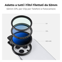Carica l'immagine nel visualizzatore di Gallery, K&amp;F CONCEPT 52mm Clip-on Filtro Polarizzatore CPL Circolare per Cellulari