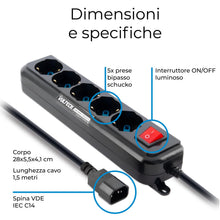 Carica l'immagine nel visualizzatore di Gallery, VulTech MU-UPS01 Multipresa per UPS IEC14 a 5 Posti Prese Italiane 10/16A e Schuko/Tedesche, Tasto On/Off, Ignifuga, Cav