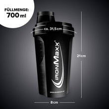 Carica l'immagine nel visualizzatore di Gallery, IronMaxx Eiweiß Shaker - 700 ml - Schwarz | Shaker Proteico con Tappo a Vite | Antigoccia | BPA/DEHP Free | Lavabile | S
