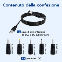 Carica l'immagine nel visualizzatore di Gallery, Wigearss Cavo USB a DC 5V 1A, 5 Spinotti Intercambiabili per Ricarica, Nero