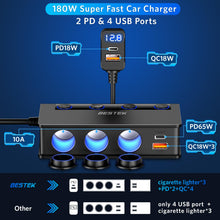 Carica l'immagine nel visualizzatore di Gallery, BESTEK Caricabatterie da Auto 180W, Caricatore da Auto USB-C PD USB QC3.0, Adattatore per Accendisigari 12V/24V con 3 Pr