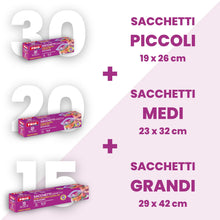 Carica l'immagine nel visualizzatore di Gallery, FRIO 65 Sacchetti Ermetici per Alimenti Assortiti 2-4-6 L Doppia Zip