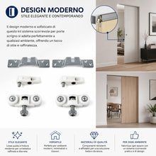 Carica l'immagine nel visualizzatore di Gallery, Kit Ricambio Scrigno Delta – 2 Carrelli, 2 Guide e 2 Staffe per Binario Alto di Porta Scorrevole a Scomparsa – Portata 8