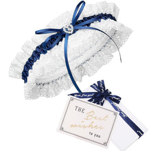 Carica l'immagine nel visualizzatore di Gallery, Giarrettiera da Sposa in Blu per Il Matrimonio, Nastro Decorato con Pzzo, Fiocco e Un Cuore Nobile Fatto di Bbrillantini