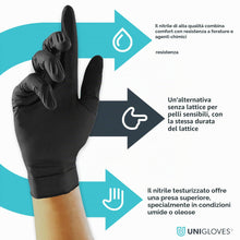 Carica l'immagine nel visualizzatore di Gallery, Unigloves Unicare GS0254 Guanti Neri in Nitrile - Guanti Monouso, Senza Polvere, Privi di Lattice, Adatto per Uso Medico