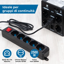 Carica l'immagine nel visualizzatore di Gallery, VulTech MU-UPS01 Multipresa per UPS IEC14 a 5 Posti Prese Italiane 10/16A e Schuko/Tedesche, Tasto On/Off, Ignifuga, Cav