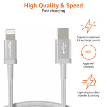 Carica l'immagine nel visualizzatore di Gallery, Amazon Basics Cavo di ricarica Lightning a USB-A, certificato MFi, in nylon intrecciato, per iPhone, argento, 0.9 m